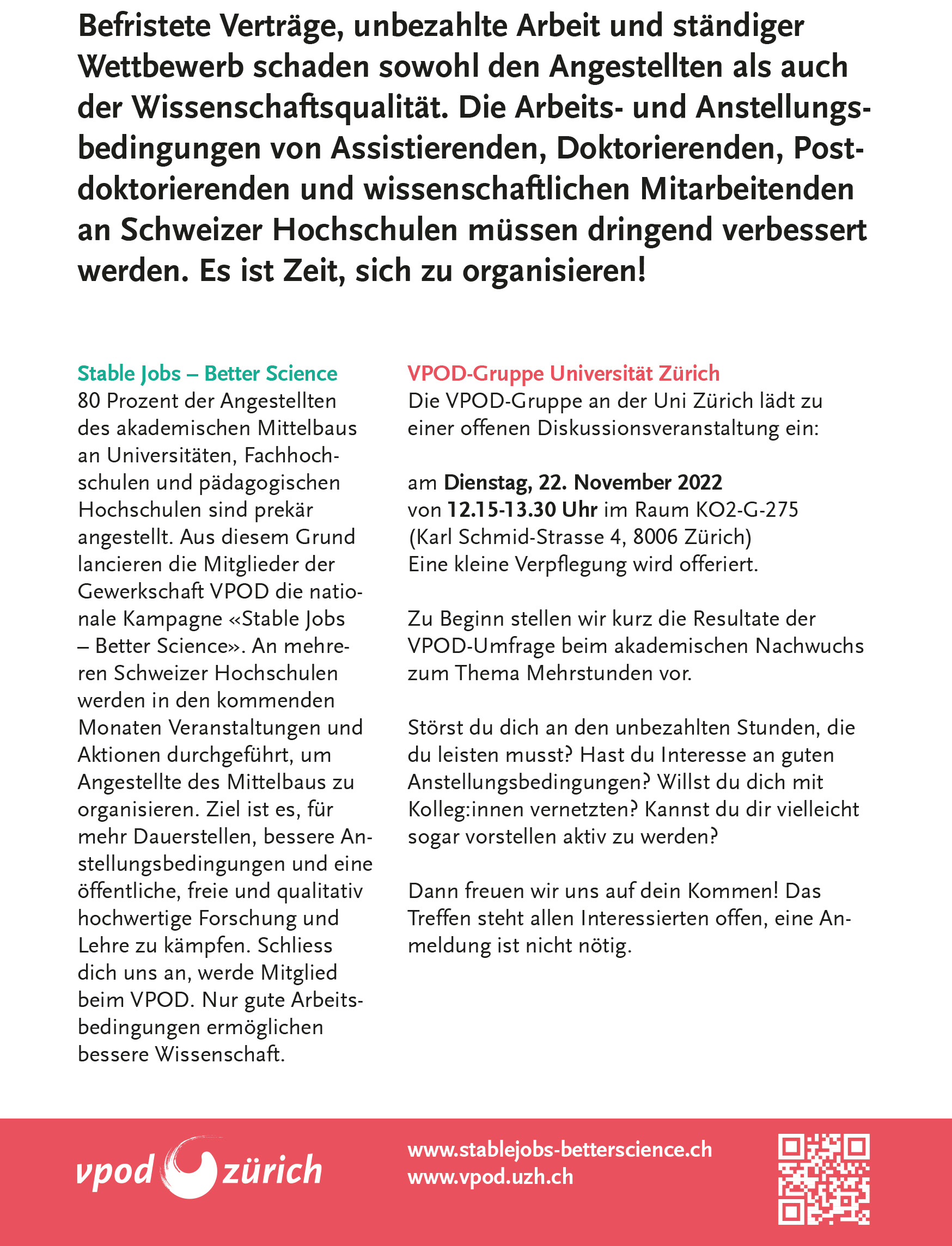 Diskussionsveranstaltung «Stable Jobs – Better Science» an der UZH am 22.11.22